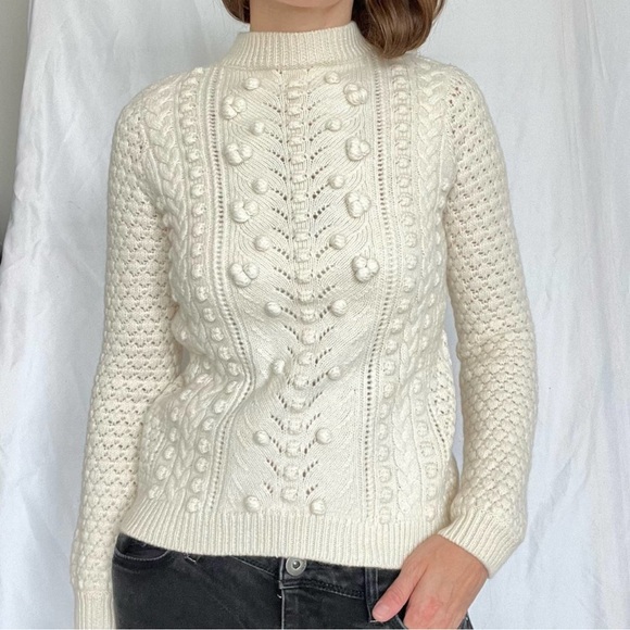 Sezane Cream Popcorn Cable knit 100% soft wool sweater pullover jumper Sz XS - Picture 9 of 15